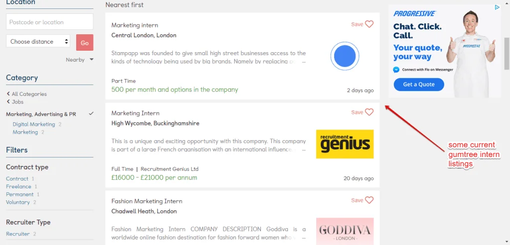 Marketing Intern Search Result